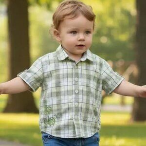 Trois Moutons Plaid Embroidered Button-Up Shirt size 12 Months